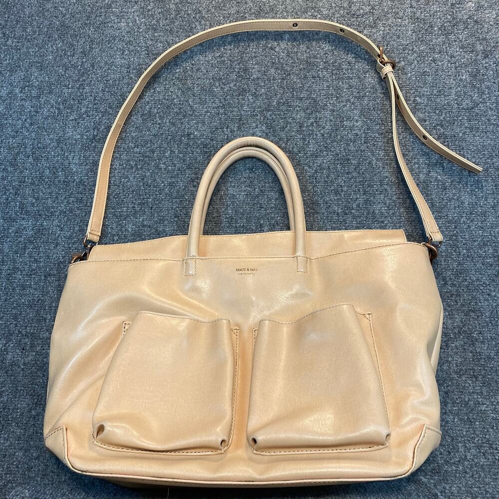 Matt & Nat Vegan Leather Diaper Bag Beige Tan Top Handle Crossbody Multi Pocket